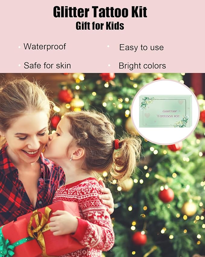 Temporary Glitter Tattoos Kit for Kids 48 Colors 6 Fluorescent 207 Stencils 2 Diamond Stickers 3 Glue 5 Brushes Arts Make Up Kit Party Christmas Halloween