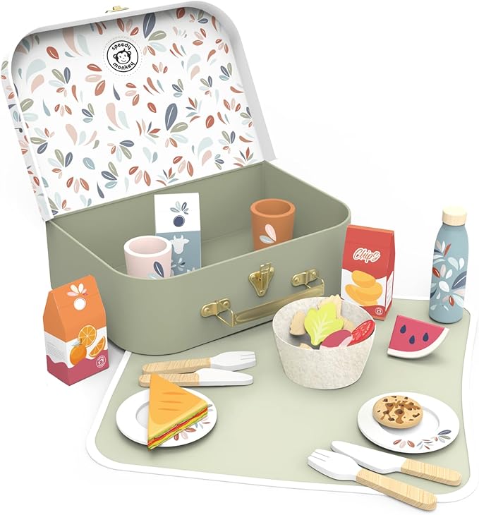 Speedy Monkey Wooden Picnic Basket Playset – FSC Certified Pretend Play Food & Fruit Toy for Toddlers & Preschoolers, Outdoor Picnic Travel Adventure, Kitchen Role Play Set for Boys & Girls