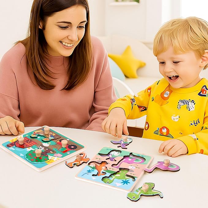LovesTown Wooden Peg Puzzles Learning Toys Montessori Educational Knob Puzzle with Handles for Toddlers Preschool Kids 4 PCS