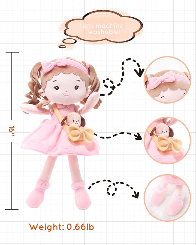 LeyaDoll Personalized Soft Baby Doll Toys (16''), My First Baby Rag Doll for 1 Year-Old Girl Birthday Gift, Christmas Plush Toys Gift for Toddler Kids Infants-Daydream-Mia-and-Her-Pet-Dog