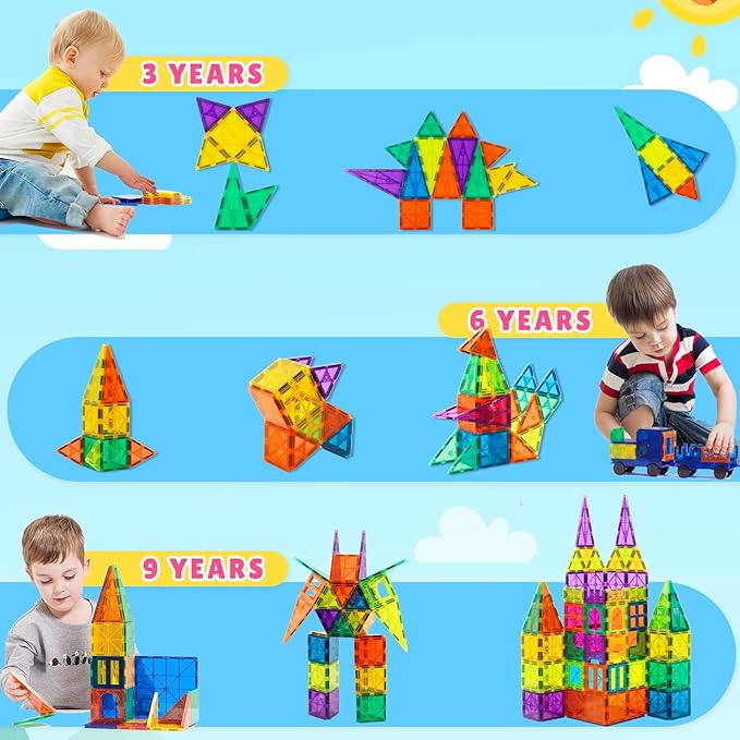 Bmag 130PCS Magnetic Tiles Building Blocks with 2 Cars | 3D Clear Magnet Blocks | STEM Preschool Toys for 3-9+ Kids | Christmas & Toddler Gift | Compatible with Major Brands