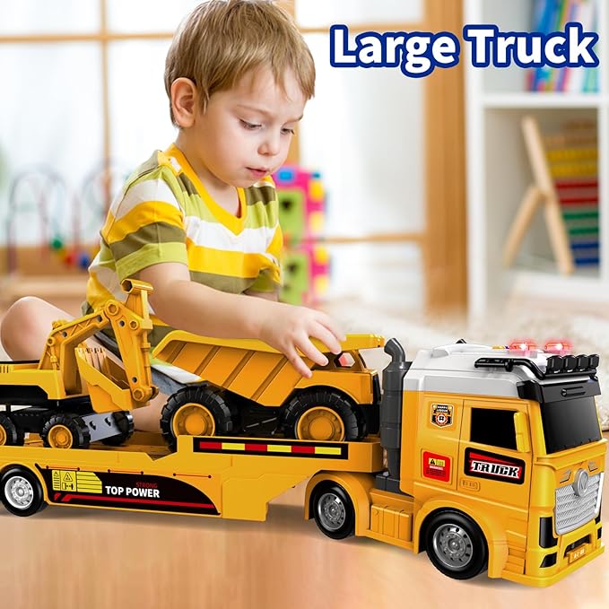 Toddler Boy Toys for Ages 3 4 5 6 7 8 Years Old, 25" Large Construction Carrier Truck Toy Excavator and Dump Truck, Friction Powered Vehicle with Lights & Sounds, Birthday Gift for Boys Girls