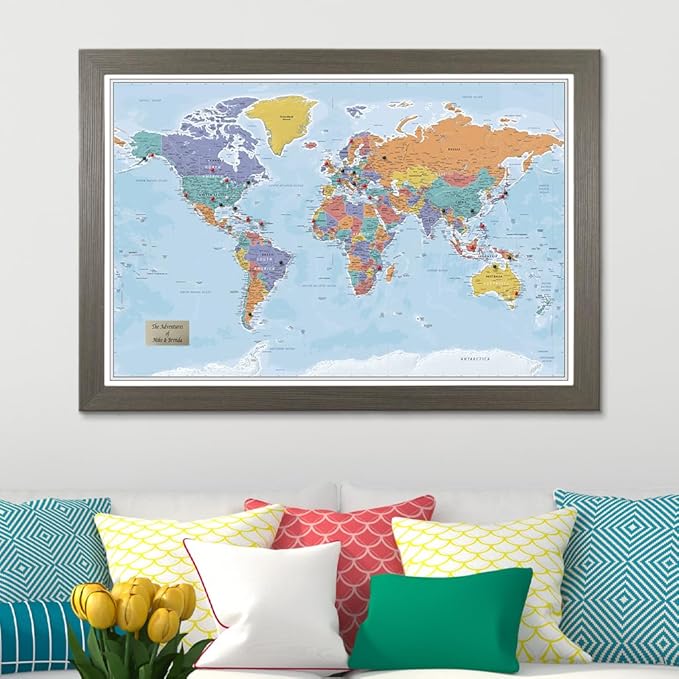 Push Pin Travel Maps - Customizable Blue Oceans World with Barnwood Gray Frame- 27.5" x 39.5" - 8 Handcrafted Frame Options - Made in USA - Ideal for Adventurous Travelers
