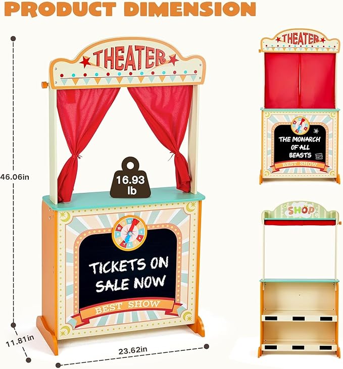 labebe - Deluxe Wooden Puppet Theater Bonus 2 Hand Puppet, ﻿2-in-1 Clock Theater Reversible Play Store, Double-Sided Lemonade Stand, Puppet Show Theater Toy with Chalkboard for Kids 36M+