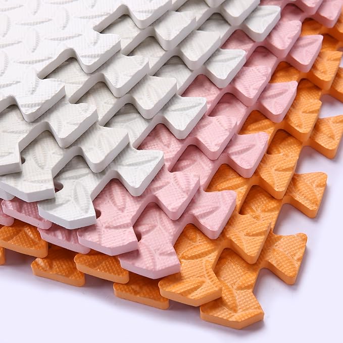 Foam Play Mat for Baby, 0.4 Inch Thick Foam Interlocking Floor Mats, Soft Non-Toxic Baby Playmat, Solid Colored Puzzle Play Mat Kids Floor Mats, 16 Tiles, White/Orange/Loli Pink