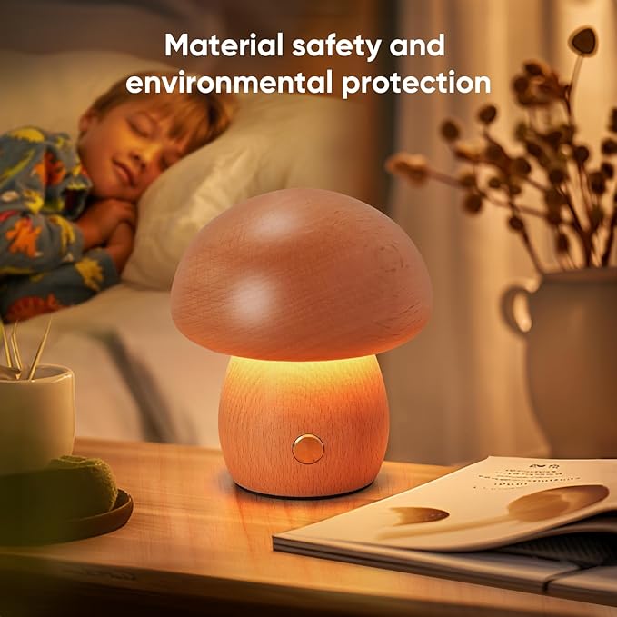 Wooden Mushroom Lamp, Portable Cordless Rechargeable Battery Operated Lamp,Stepless Dimming, Night Light for Birthday Gifts