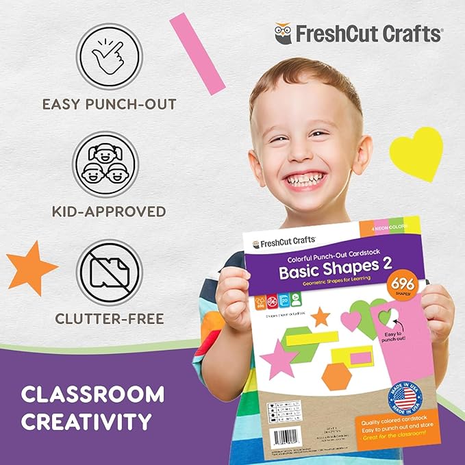 Basic Shapes 2: Hearts, Stars, Hexagons, Rectangles, 696 Pieces US Made Card Stock Punch Out Geometric Shapes in 3 Sizes and 4 NEON Colors for Math, Pattern Play and DIY Crafting