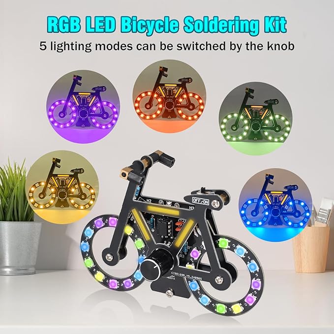 LED Bike Soldering Practice Kit, ICSTATION Knob Control Bicycle Soldering Project With 5 Lighting Modes DIY Bike Kit With LED Filament Brightness Adjustable for Students Education Halloween Present