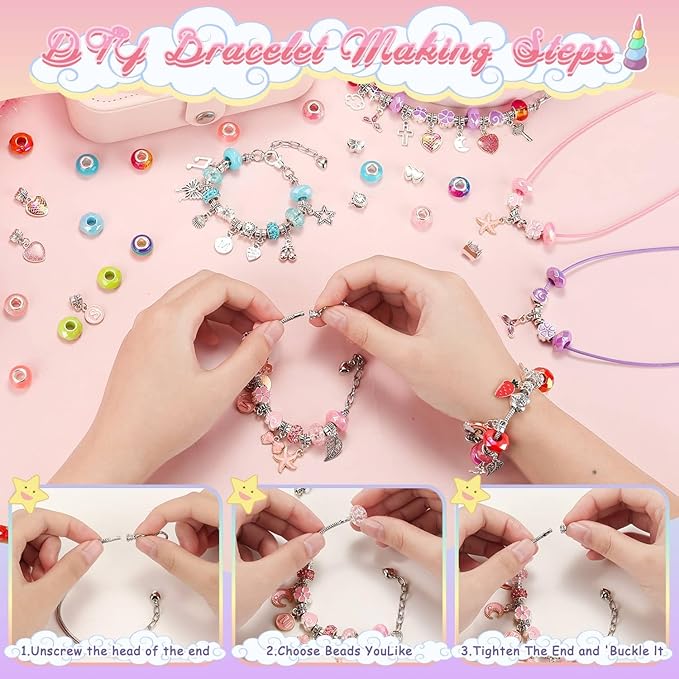 Charm Bracelet Making Set with Jewelry Case Charm Pendant Bracelet Kit DIY Jewelry Making Art & Craft for Birthday Gifts Valentine Christmas
