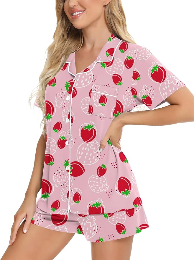 SWOMOG Womens Button Down Pajamas Set Short Sleeve Sleepwear Bride Soft Pj Lounge Sets XS-3XL