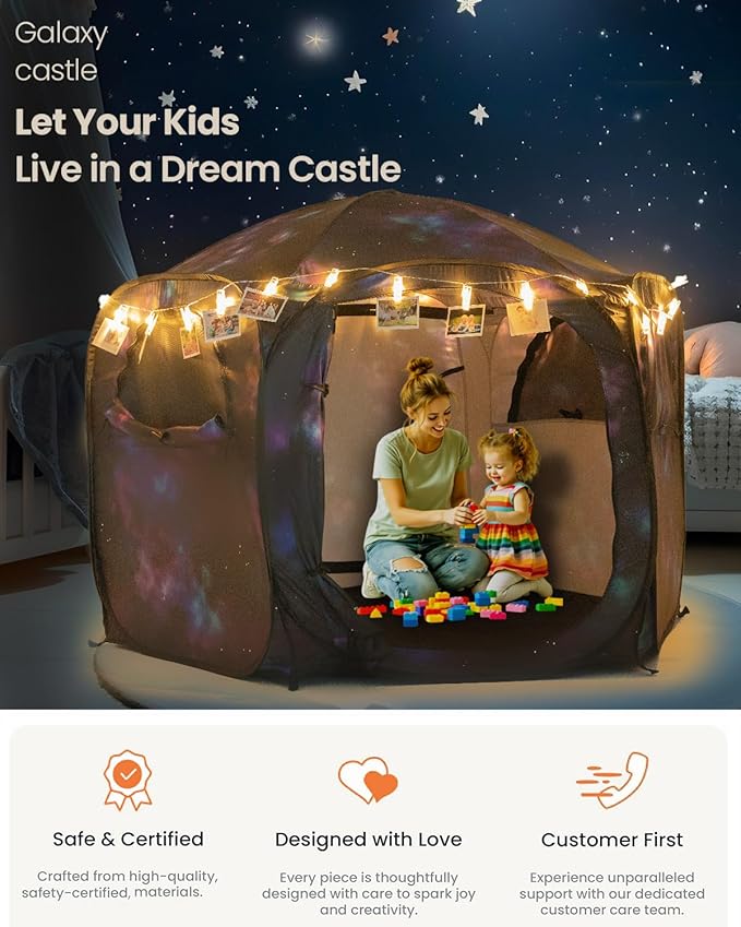 Kids Pop Up Play Tent with Fairy Lights, Hexagonal House with Removable Mat, Indoor Playhouse for Children, Galaxy Theme Gift for 3-4 Kids
