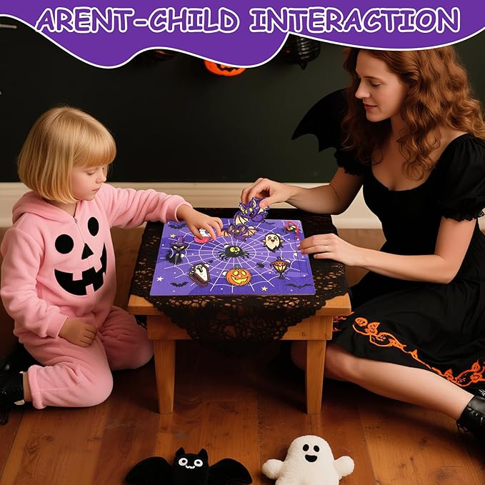 2Pcs Halloween Wooden Peg Puzzles Toys Magnetic Wooden Fishing Game for Toddlers Educational Puzzle for Years Old 3-5 Boy Girl Kid Halloween Basket Stuffers Fillers Gifts