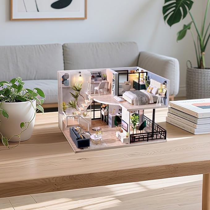Fsolis DIY Miniature Dollhouse Kit - Tiny House Modern Mini Scene Kit 3D Puzzles for Adults and Teenagers, Gifts for Women Teenagers Craft Lovers (Cozy Time)