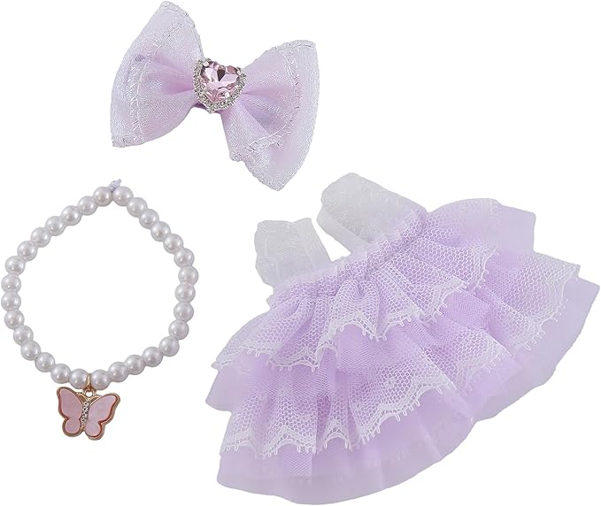 17cm Doll Clothes Set 3-Piece Doll Clothing Set with Purple Dress Necklace and Butterfly Decor Accessories for 17cm Plush Dolls, Clothes Only, No Doll Included