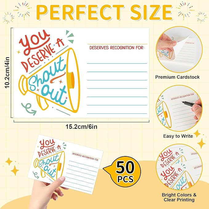 50Pcs Shout Out Card, Appreciation Cards for Teachers Students Employees Office Staff, Kudos Cards Team Classroom Good Behavior Incentive, Motivational Card for School or Workplace (Speaker)