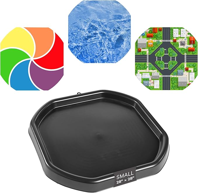 MEKA Tuff Tray with 3 Play Mats, Sensory for Kids Road, Water, Color Themes, Indoor Outdoor Use, Home or Classroom (Black, Small 28" x 28")