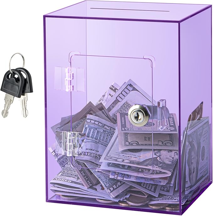 Hicocool Clear Piggy Bank with Lock, Acrylic Piggy Bank for Adults Kids Openable, Reusable Money Saving Box with Key for Birthday (Purple)