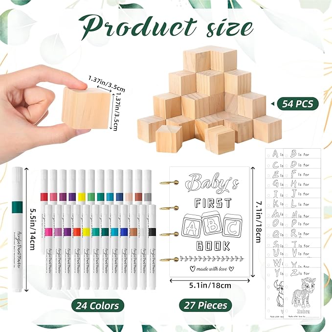 146 Pcs Baby Shower Game Sign Set Includes Decorative Square 56 DIY Blank Wooden Blocks 24 Paint Markers 27 Page Baby‘s First ABC Book (Leaf)
