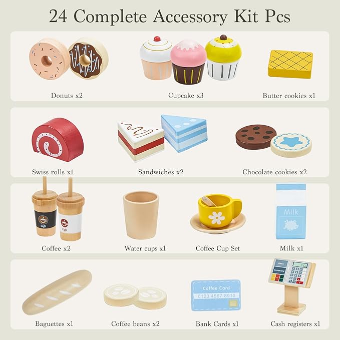 Frogprin 24 Pcs Pretend Play Coffee Shop, Kids Grocery Store Set, Wooden Drive-Thru Window, Coffee Maker, Oven, Cash Register, Bakery Toys Food Accessories Gift for Boys Girls 3+ Years Old