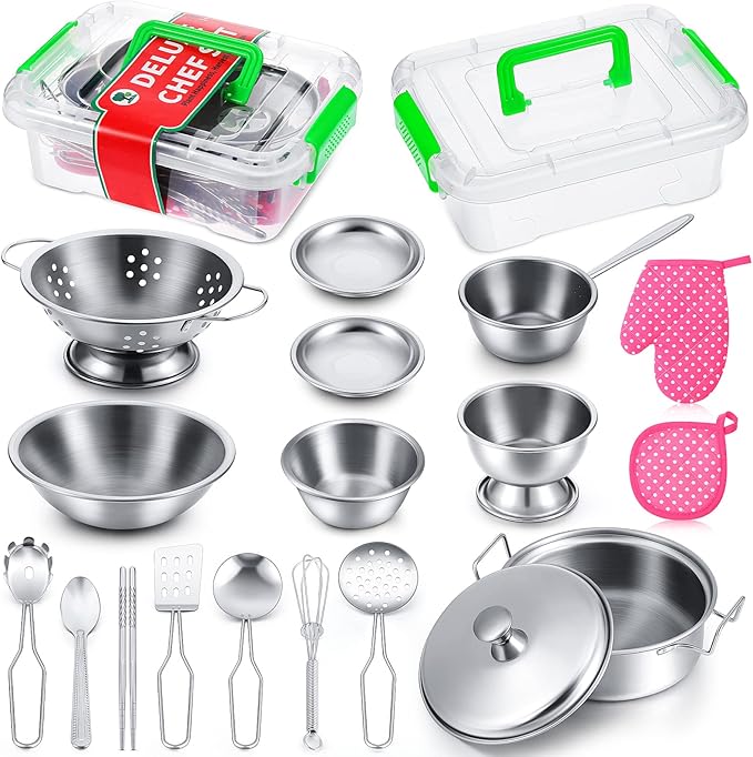 Zomiboo 19 Pieces Kitchen Accessories Toys - Stainless Steel Pretend Cookware Mini Pot Cooking Utensils Set for Chef Play Food Cooking Games - Christmas Birthday Gift