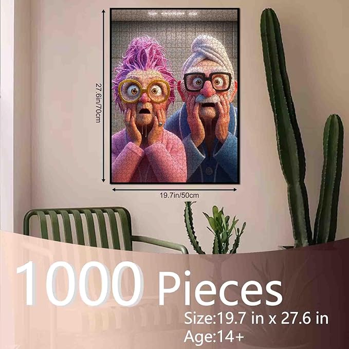 Funny Elderly Couple Bathroom Scene Jigsaw Puzzle for Adults 1000 Pieces Cartoon Style Whimsical Art Puzzle 20×27 Inches Colorful Bathrobe and Glasses Puzzles for Seniors Educational Game