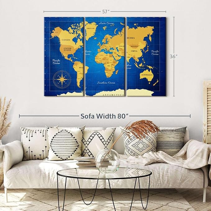 ElephantStock Yellow Longitude World Map Multi Piece Canvas - 3 Panel Wall Decor - Map of the World Art - Canvas for the Office and Home - 57" X 36"
