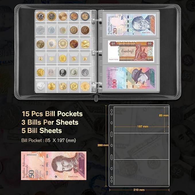 Coin Collection Book Holder for Collectors - 400 Coins Pockets+15 Bills Pockets, Coin Collection Organizer Storage Box Case Album for 20/25/ 27/30/ 38mm Coin