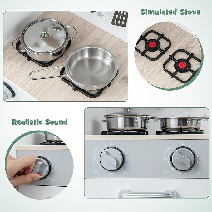 INFANS Kid Kitchen Playset, Toddler Wooden Pretend Cooking Set with Realistic Light & Sound, Stove, Sink, Microwave, Storage Cabinet, Play Kitchen Toy Set for Children Boys Girls (Green)