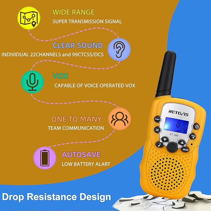 Retevis RT388 Kids Walkie Talkies,Toys Gifts for 6-12 Year Old Girls Boys,Long Range Toy Walkie Talkie,Birthday Gifts Outdoor Camping(Yellow 1 Pair)
