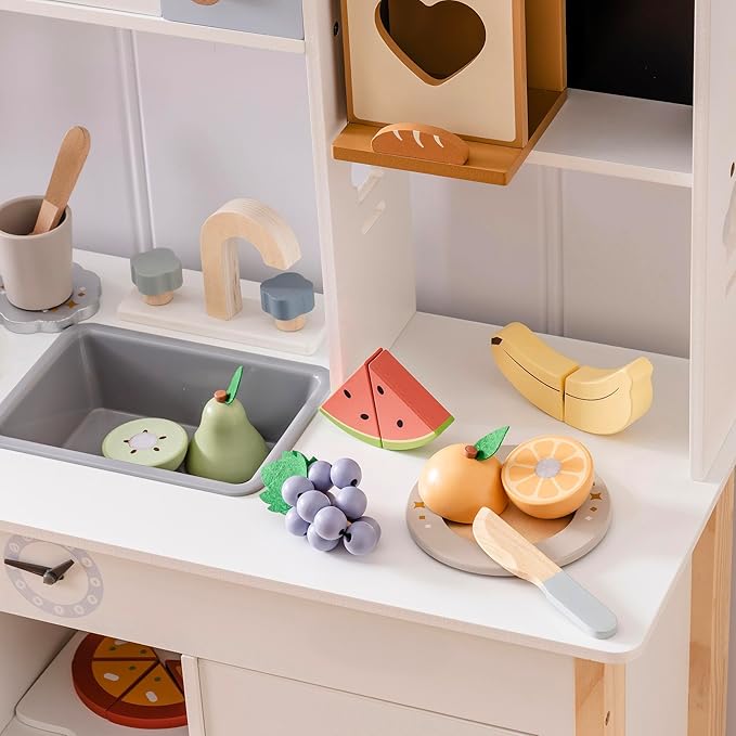 ROBOTIME Wooden Play Food Cutting Fruit Set, Pretend Play Toy Food for Play Kitchen with Shopping Bag – Kids Kitchen Accessories, Wooden Fruit Toys for Kids Boys Girls