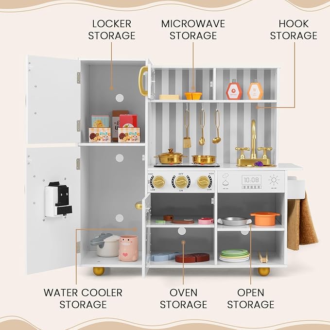 INFANS Kid Kitchen Playset, Toddler Wooden Pretend Cooking Set with Realistic Light & Sound, Stove, Sink, Microwave, Storage Cabinet, Play Kitchen Toy Set for Children Boys Girls (Gold)