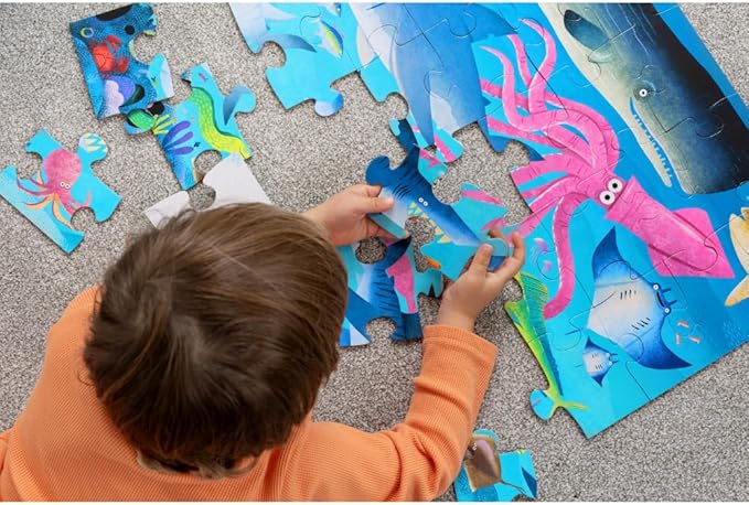 Crocodile Creek 36-Piece Jigsaw Floor Puzzle - Fun Floor Puzzles for Kids Ages 3-5 - Heavy-Duty Shaped Box for Storage - Shark Reef - 24" W x 18" H Finished