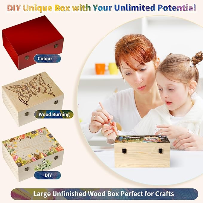2 Pack Unfinished Wood Box with Lid Large Wooden Box(14”x10.4”x 6.5"+12"x 9"x4.9") Pine Storage Wood Boxes for Crafts, Jewelry, Art, DIYMemory,Keepsake Wooden Gift Boxes