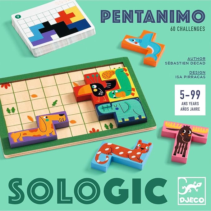 DJECO SoLogic Pentanimo - Wooden Logic Game for Little Ones - Challenging, Fun & Creative Activity for Family & Friends - Cute Animal Puzzle Toy for Children 5+ Years Girls & Boys