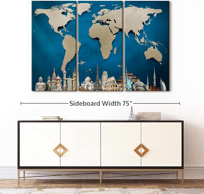 ElephantStock Ocean Blue World Map Multi Piece Canvas - 3 Panel Wall Decor - Map of the World Art - Canvas for the Office and Home - 65" X 42"