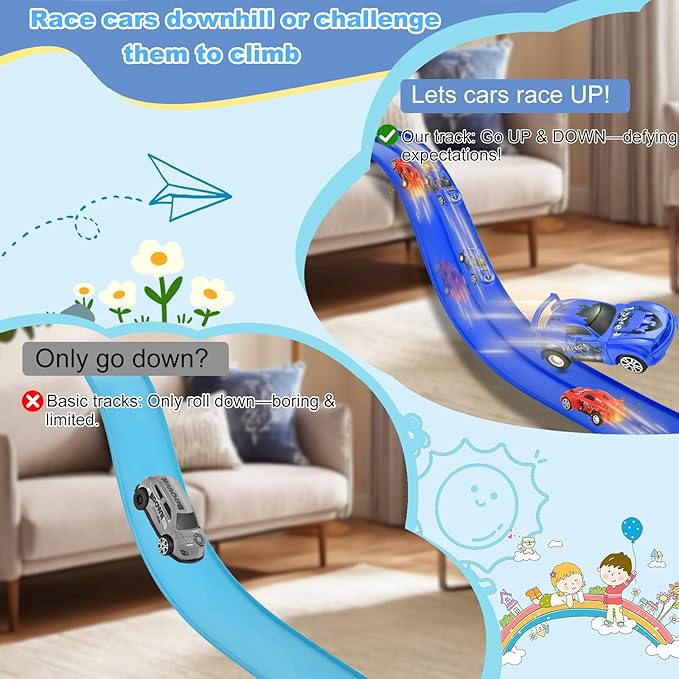 20 Ft Flexible Race Track Toys, Anti Gravity Car Track Set, Flex Race Car Ramp Track with Suction Cups - Rolls Up Portable DIY Race Track with 4 Racing Cars- Kids Race Car Track Toy (Dark Blue)