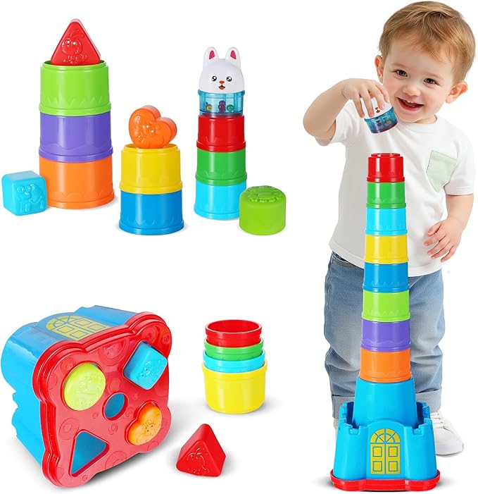 iPlay, iLearn Baby Stacking Toys, Toddler Nesting Stack Cups, Infant Stackable Block, Kids Sorting Game W/Shape Sorter for Sand Bath, Birthday Gift for 12 18 24 Month 1 2 3 Year Old Boys Girls