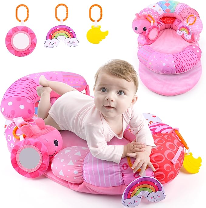 2-in-1 Tummy Time Mat & Seated Support Pillow Baby Toys 6-12 Months, Baby Tummy Time Toys Sit Me Up Floor Seat for Newborns and Older Babies, with Detachable Support Pillow and Toys(Pink)