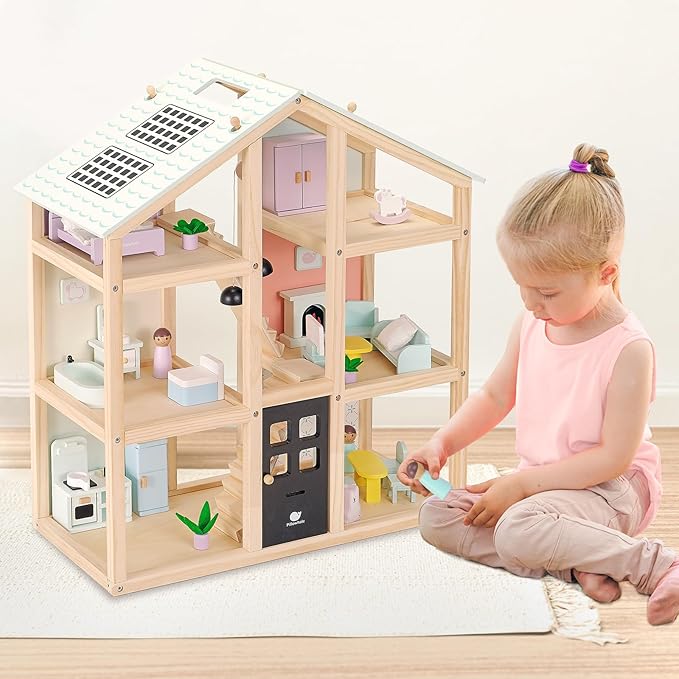 Wooden Dollhouse, 3-Story Wooden Doll House with 38-Piece Furniture, 6 Rooms Modern Family Playhouse, Movable Stairs & Adjustable Pendant Lights, Gift for Kids Ages 3+
