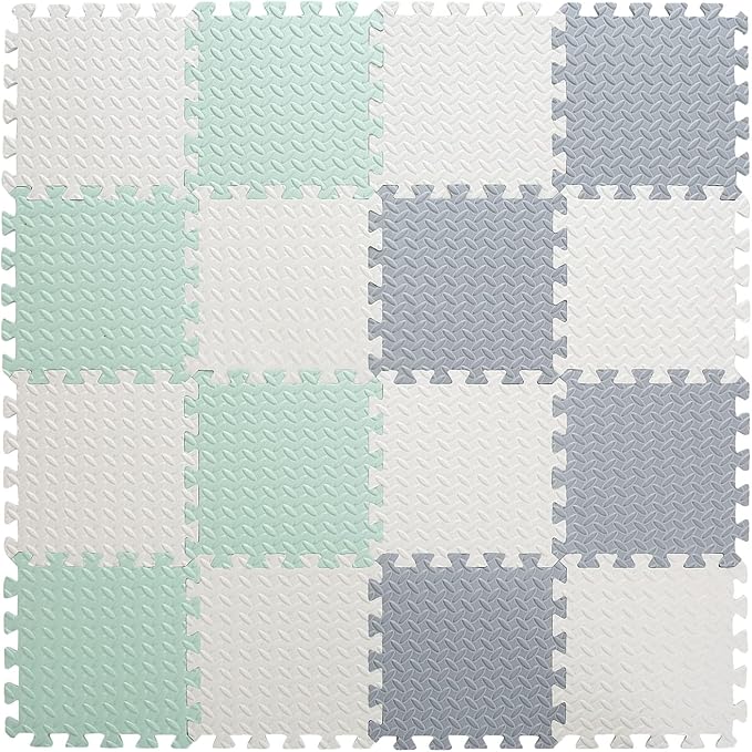 Foam Floor Mats for Kids, 12 x 12 Inch 16 Tiles 0.4" Thickness Foam Play Mat, Non-Toxic Square Interlocking Floor Mats Rubber Baby Play Mat for Toddlers(White/Gray/Bean Green)