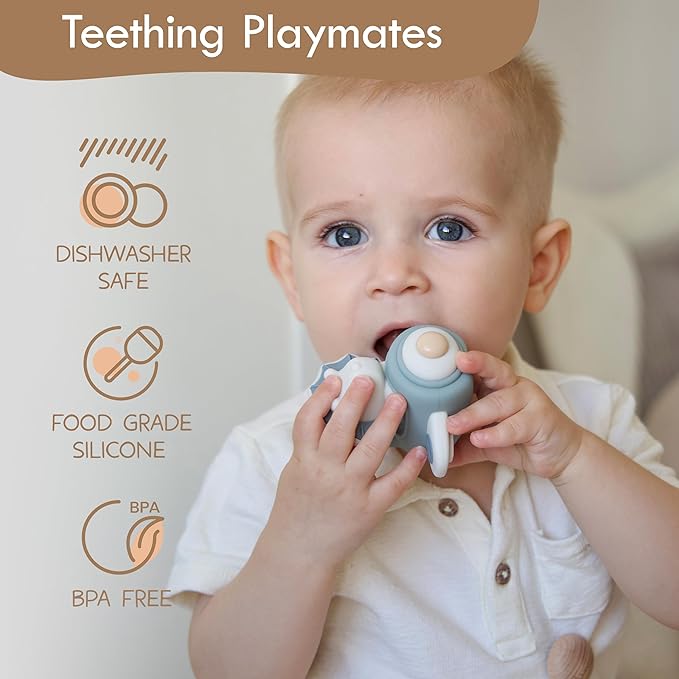 Moonkie Dinosaur Baby Stacking Toys | 7-Piece Silicone Rings for Teething Relief | Educational Toy for Infants & Toddlers 6 Months+ | Baby Shower or Birthday Gift for Boys