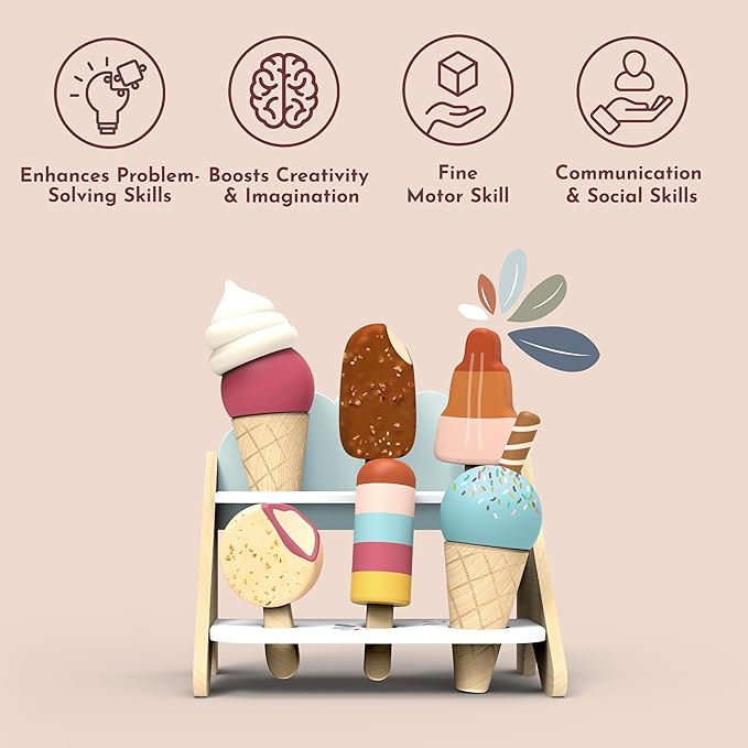 Speedy Monkey Wooden Ice Cream Shop Playset – FSC Certified Pretend Dessert Stand for Kids, Role Play Popsicle Toy Counter, Cones & Scoops Cart, Sweet Treat Ice Cream Parlour for Toddler, Boys & Girls
