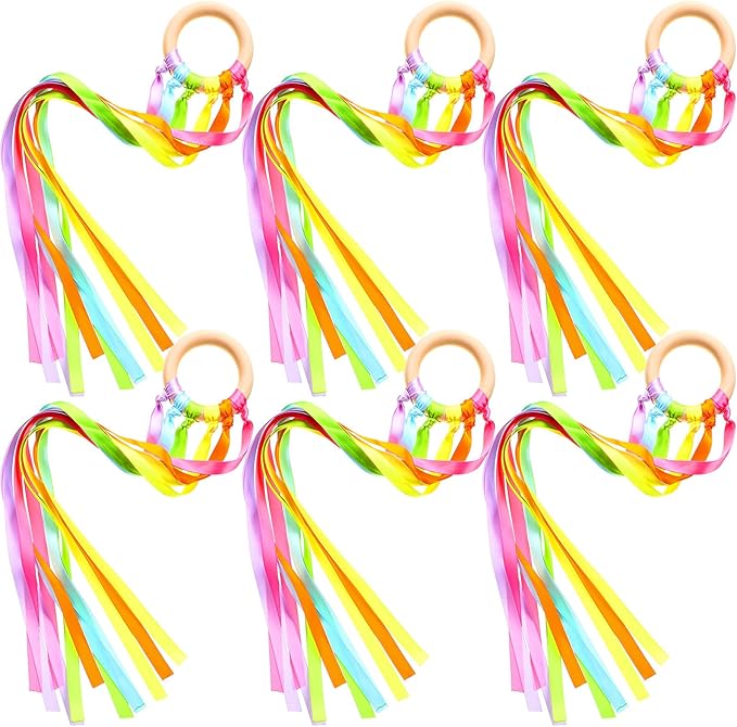 Sumind 6 Pcs Rainbow Ribbon Hand Kites Wands for Kids Dancer Streamer String Toy Thrown Waldorf Wand with Wooden Ring Wand Learning Educational(Fresh Colors)