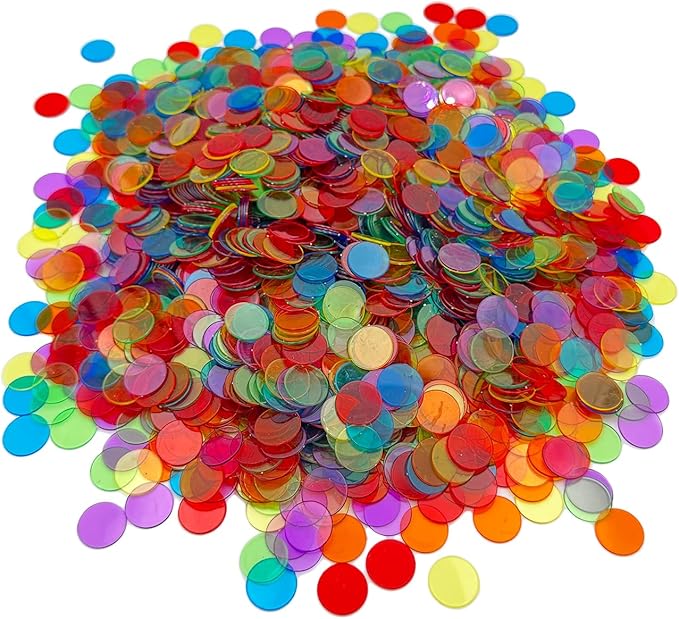 2000 Pieces 3/4 inch Transparent 6 Color Clear Bingo Counting Chips Plastic Markers for Large Group Games, Bingo Game,Game Night & Educational Activities