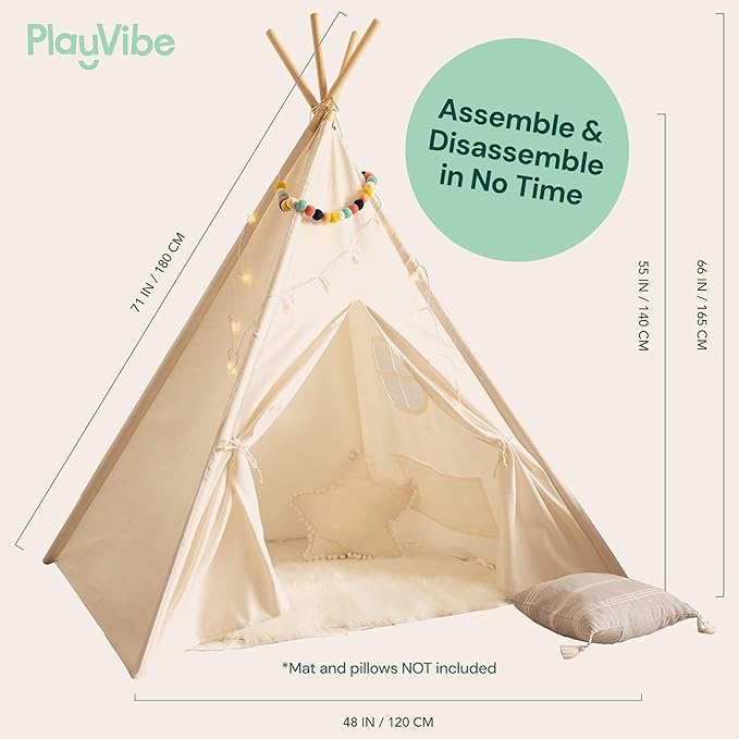 PLAYVIBE Teepee Tent for Kids - Castle Theme Indoor & Outdoor Playhouse with LED Star Lights - Halloween Party Tent, Cozy Fall Decor & Toddler Toy Fort