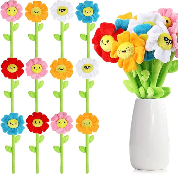 18 Pcs Plush Smile Flower Stuffed Bendable Stems Plush Bouquet Toy Soft Floral 12.6 Inch for Graduation 2025 Mother's Day Valentines Day Girl Girlfriend Wife Family and Friends(Elegant Style)