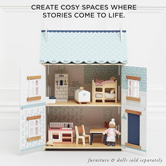 Le Toy Van – Blue Belle Wooden Doll House | Girls & Boys 3 Storey Wooden Dolls House Play Set - Suitable for Ages 3+