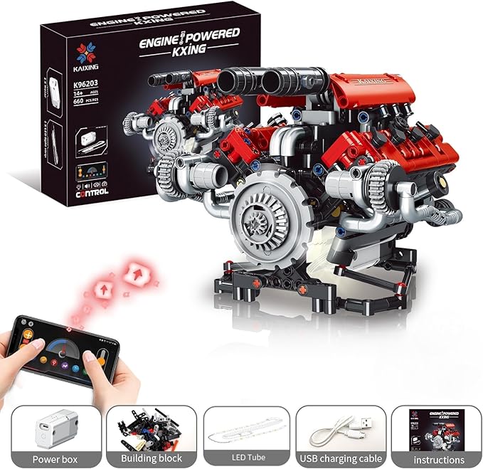Sports Car Engine Building Blocks Kit,V8 Engine Model That Work Toy,with Motor, LED Light & APP Control for 6+ Years Kids Adults (660 Pieces)