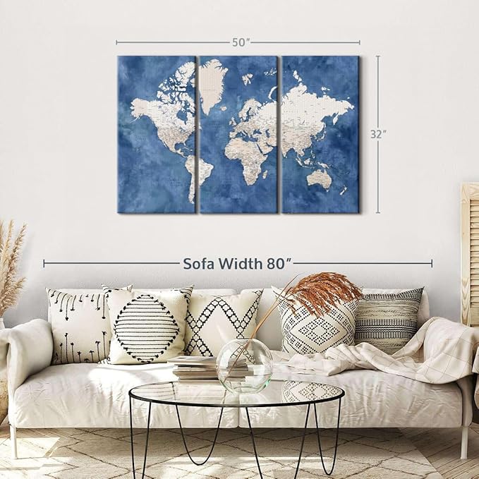 ElephantStock Detailed World Map With Cities I Wall Art - Horizontal Canvas - 3-Piece Living Room Decor - Watercolor Map Canvas Print - Beige and Blue Wall Decor by Blursbyai - 50" X 32"