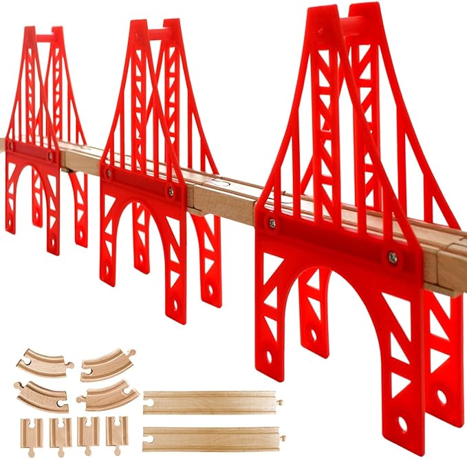 Wooden Train Bridges, 3 Suspension Bridge, Wooden Train Track Accessories, Wood Train Track, Train Tracks Compatible with All Major Brands, Wood Toys for Girls & Boys